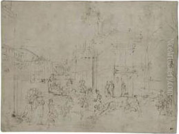 Stage Design With Figures In A Town Square - view 1