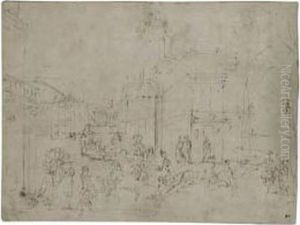 Stage Design With Figures In A Town Square by Johann Wilhelm Baur