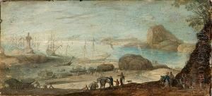 With Shipmakers In The Foreground And Travellers On A Path by Johann Wilhelm Baur
