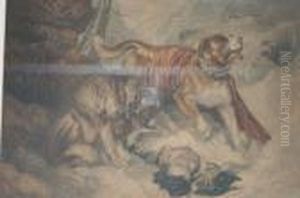 St. Bernard Dogs In The Mountains Rescuing A Fallen Man