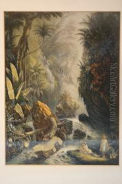 Classical Figures By A Waterfall In A Jungle - view 1