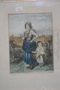 A Woman And Child Before A Cornfield And Another Old
