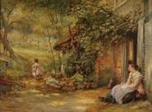 A Mother And Children Ourside A Wooded Cottage by Alfred Walter Bayes