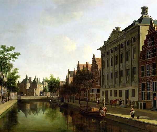 View of the Kloveniersburgwal in Amsterdam, with the Waag, and barge moored in the front of Trippenhuis to the right 1685 - view 1