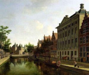 View of the Kloveniersburgwal in Amsterdam, with the Waag, and barge moored in the front of Trippenhuis to the right 1685