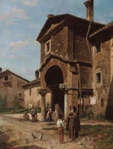 Figures In An Italian Village by Luigi Bazzani