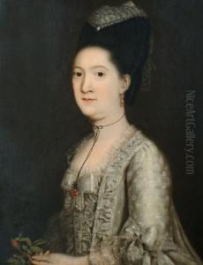 Portrait Of A Lady, Said To Be 
Mrs Christian Laughton,half-length, In A White Lace-edged Dress, Holding
 A Rose