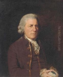 Portrait Of A Gentleman,
Half-length, In A Brown Suit, With A Laceruff, Holding A Miniature Of A
Mother And Child by Thomas Beach