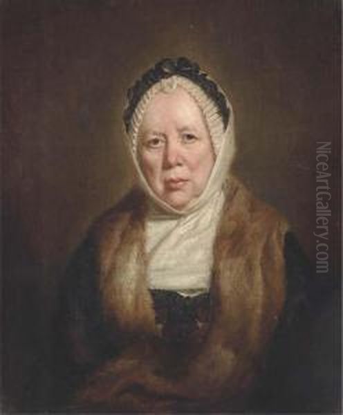 Portrait Of A Lady, Half-length,
Wearing A Black Dress And A Furwrap With A White Bonnet Trimmed With
Black Ribbon On Her Head,covered By A Shawl - view 1