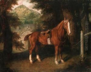 A Saddled Chesnut Hunter Tethered To A Post, The Entrance Tostables Beyond by Thomas Beach