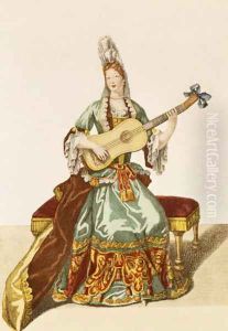 Lady of Quality Playing the Guitar, fashion plate, c.1695 by Nicolas Bonnart
