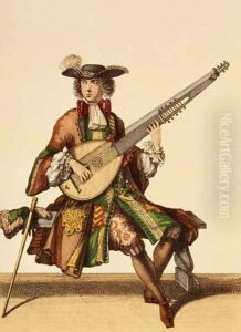 Gentleman Playing the Angelica, fashion plate, c.1695 by Nicolas Bonnart