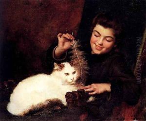 A Young Girl With A White Cat by Antoine Jean Bail