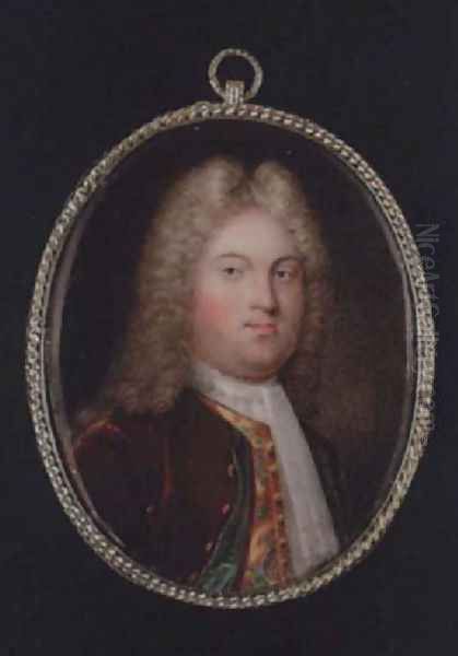 A gentleman wearing wig, burgundy coat with green lining, green figured yellow waistcoat and white cravat - view 1