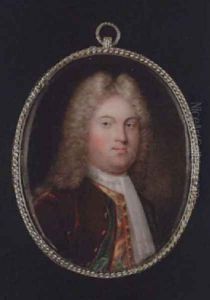A gentleman wearing wig, burgundy coat with green lining, green figured yellow waistcoat and white cravat