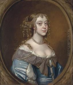 Portrait Of A Lady, Bust-length, In A Blue Dress With Pearls, In Asculpted Cartouche
