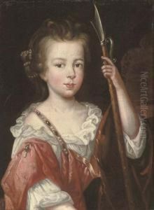 Portrait Of A Young Girl, Half-length, In Masquerade Dress, Holding A Spear