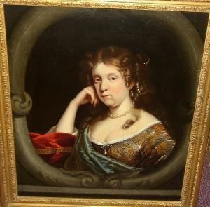 Portrait Of A Lady, Bust Length,
 In A Richly Brocaded Dress With Blue Sash, In A Feigned Oval