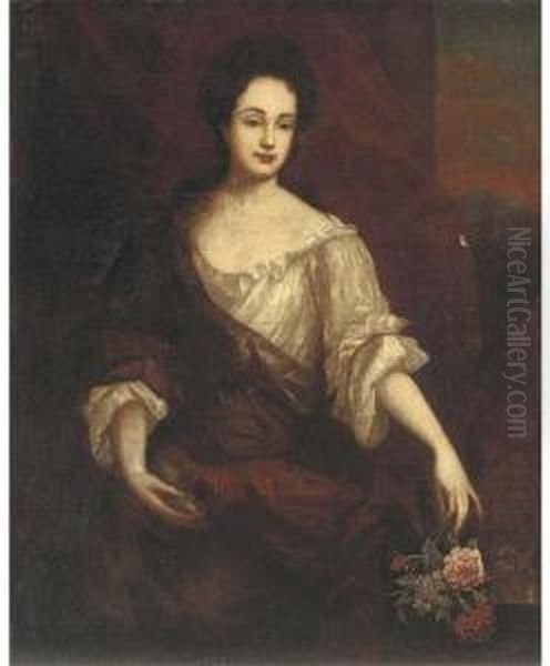 Portrait Of A Lady, Seated 
Three-quarter-length, Wearing A Whiteand Red Dress, Her Left Hand 
Holding Some Flowers By A Ledge, A Redcurtain And Landscape Beyond - view 1