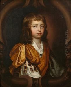 A Portrait Of A Young Boy, 
Believed To Be Richard Gulston, Bust Length In Ornate Robe Within A 
Sculptural Painted Oval