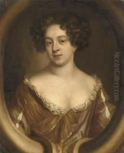 Portrait Of A Lady, Half-length,
 In A Brown Dress Trimmed With Lace, In A Sculpted Cartouche