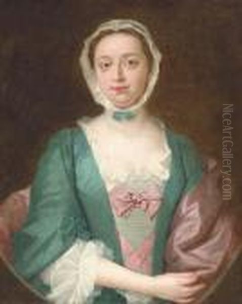 Portrait Of A Lady, Half Length, In A Turqouise Dress With Violetribbons - view 1
