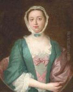 Portrait Of A Lady, Half Length, In A Turqouise Dress With Violetribbons Portrait Of A Lady, Half Length, In A Turqouise Dress With Violetribbons