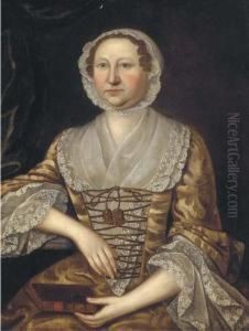 Portrait Of A Lady, Seated
Half-length, In A Golden Dress With White Lace Sleeves And A White Lace
Cap, A Book In Her Lap Portrait Of A Lady, Seated
Half-length, In A Golden Dress With White Lace Sleeves And A White Lace
Cap, A Book In Her Lap