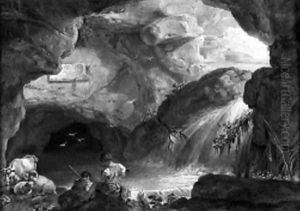 The ruins of a Roman aqueduct, with a shepherd playing the flute by Giovanni Battista Busiri