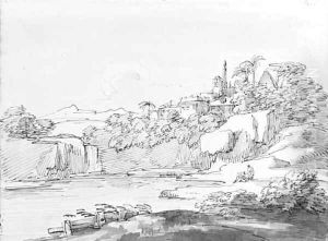 Two figures by a lake, a capriccio of classical buildings on a cliff beyond by Giovanni Battista Busiri