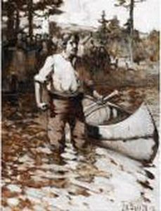 Man With Canoe Before Spectators by John William Beatty