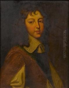 Portrait Of King Louis Xiv Of 
France, As A Boy, Bust-length, In A Brown Satin Coat With A Blue Sash 
And A White Lace Collar