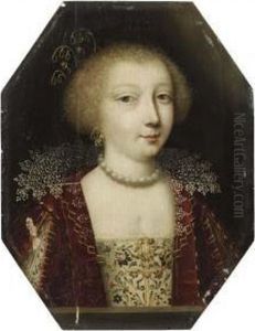 Portrait Of A Young Lady, Small 
Bust-length, In A Gold-embroideredpatterned Dress And Red Velvet Cloak