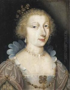 Portrait Of A Lady, Bust-length, With Pearl Drop Earrings And A Necklace
