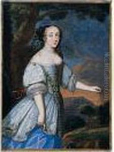Portrait Of A Lady, 
Three-quarter Length, Wearing A White Silk Dress, In A Landscape At Dusk