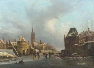 Winterfun on a frozen canal by the Oosterpoort, Delft