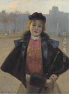 Portrait Of A Young Woman, Three
 Quarter Length, In A Winter Park With Fur Cape, Muff And Hat
