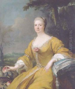 Portrait of the Duchess of Luxembourg, in an embroidered yellow dress, before a fountain, a landscape beyond by Alexis-Simon Belle