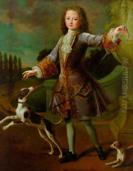 Portrait of a young gentleman in a lilac coat with gold embroidery and a lace cravat, with two dogs in a garden - view 1