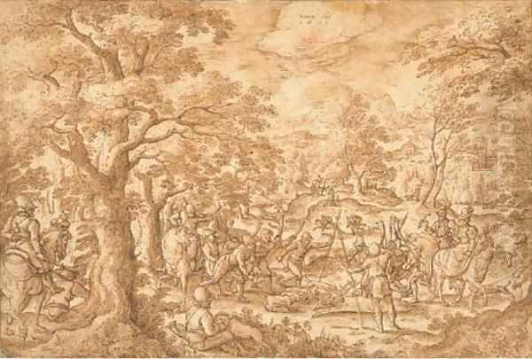 A stag hunt with huntsmen holding a stag at bay, an elegant horseman with a falcon and his companion riding sidesaddle to the right - view 1