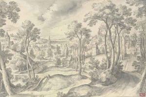 A distant view of a town, with a wooded road in the foreground by Hans Bol
