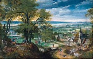 Mercury playing the flute as Argus falls asleep and Mercury slaying Argus, a village and a river valley beyond