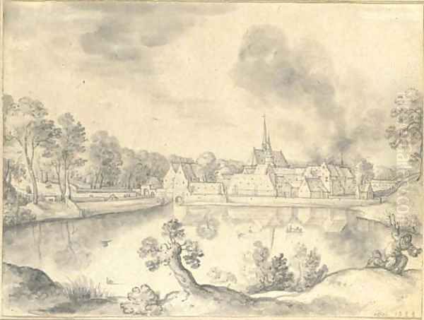 A village before a lake, with two figures in the foreground - view 1