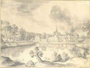 A village before a lake, with two figures in the foreground by Hans Bol