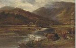 Highland Cattle Grazing By A River by Richard Beavis