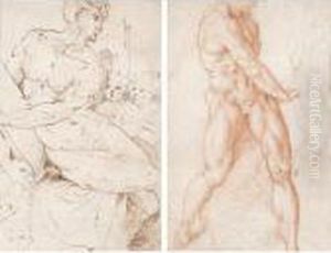 A Male Nude Holding A Tablet A Male Nude And Sketches Of A Torso And A Leg