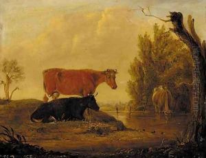 Cattle watering in a wooded landscape by Edmund Bristow