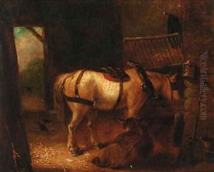 A horse and donkey in a stable by Edmund Bristow