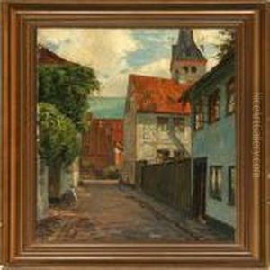 Street Scene With St. Olai Church In Elsinore by Christian Frederick Beck