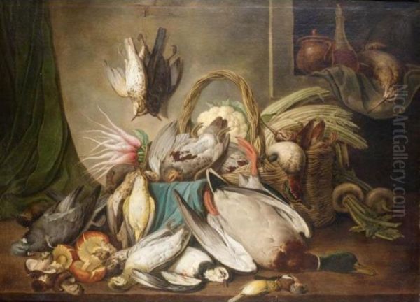 Still Life With Duck, Partridges, Pigeons, Woodcock, Songbirds And Other Various Other Game Birds Together With A Basket And Some Vegetables by Jacob Samuel Beck